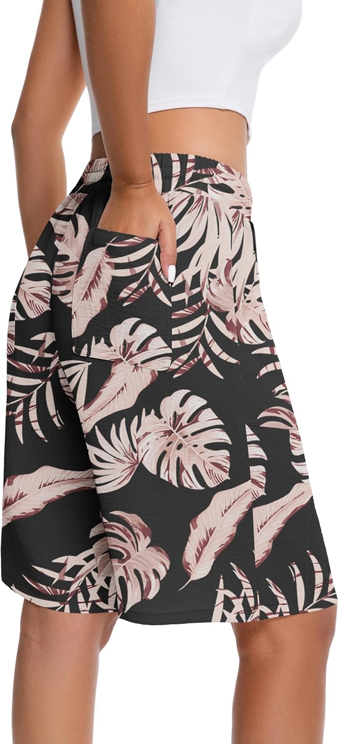 IWOLLENCE Bermuda Shorts for Women Knee Length Elastic High Waisted Shorts Summer Casual Wide Leg Baggy Shorts - Image 2