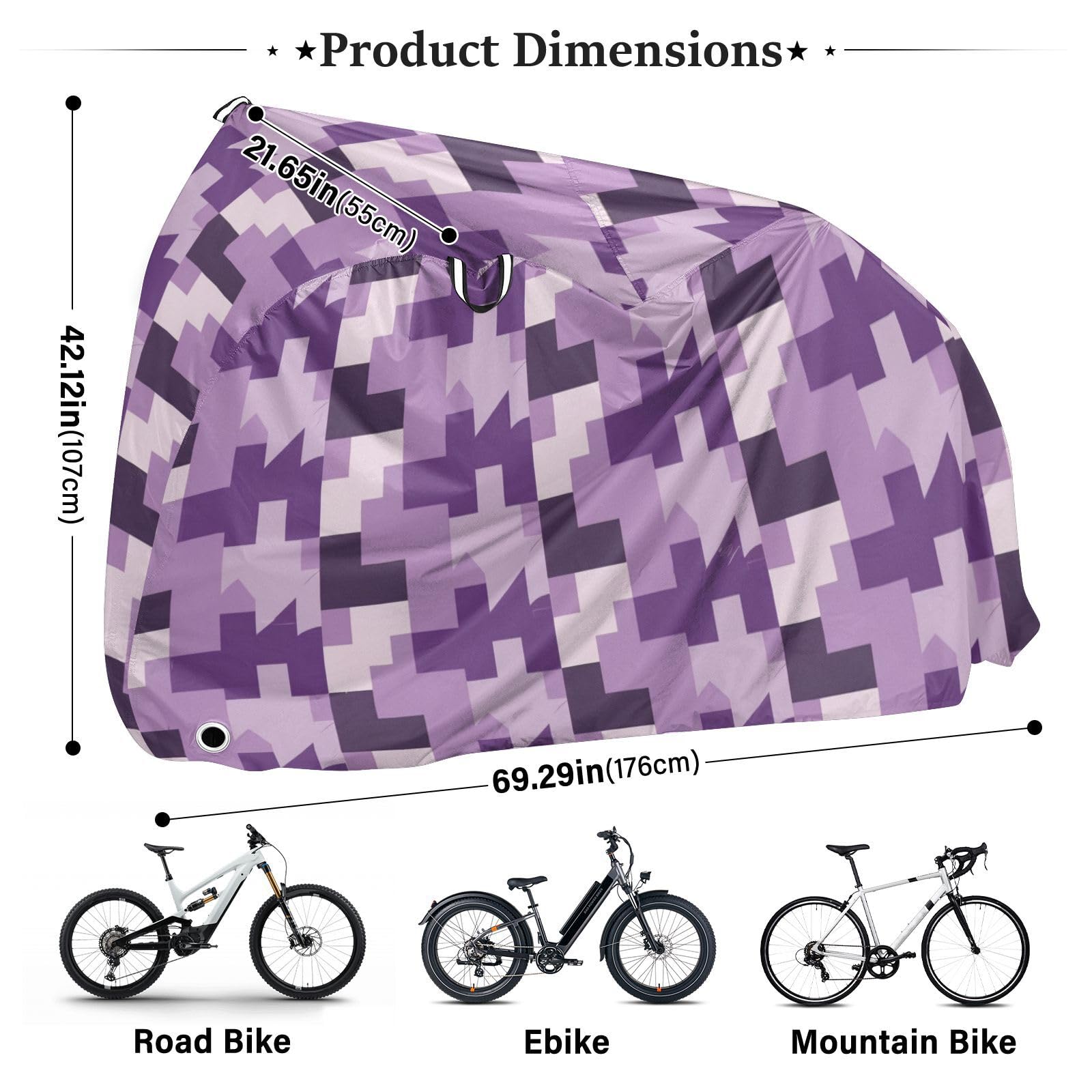 Housse de vélo étanche motif pied-de-poule - Améthyste - Avec trous de verrouillage - Anti-poussière, pluie, neige, UV - Pour VTT et route - Convient à la plupart des protections pour vélo électrique