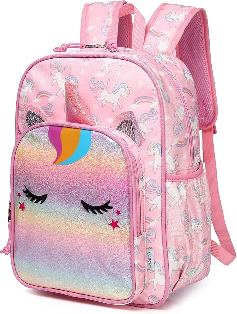 VASCHY Girls Backpack, 11.5L Lightweight School Bag for Kids Water Resistant Toddler Backpack with Reflective Chest Strap Children's Rucksack with Bottle Pockets for Kindergarten(Rainbow Unicorn)