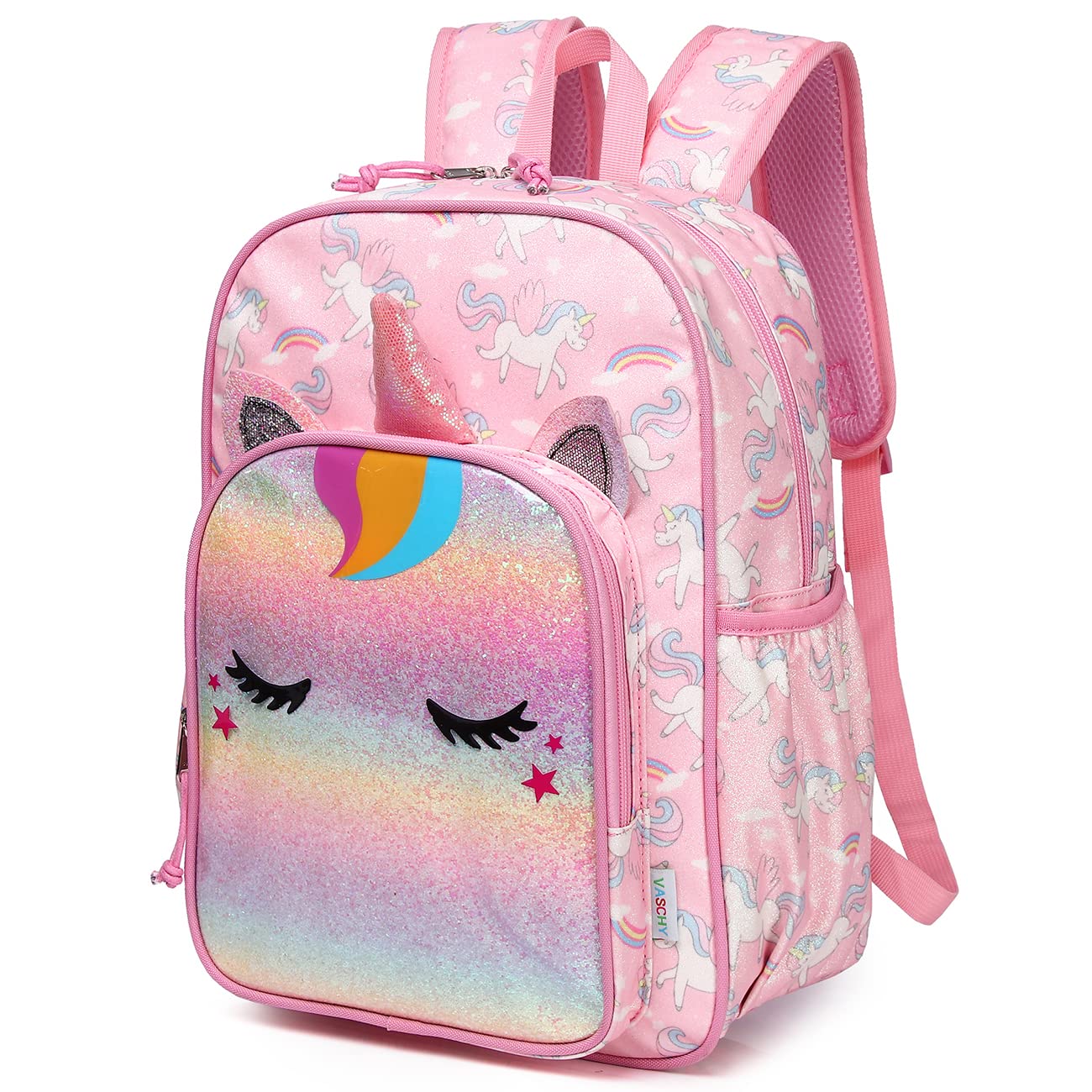 VASCHY Mochila escolar ligera de 11.5 L para niños y niñas, resistente al agua, con correa reflectante para el pecho, con bolsillos elásticos para botellas, para jardín de infantes preescolar