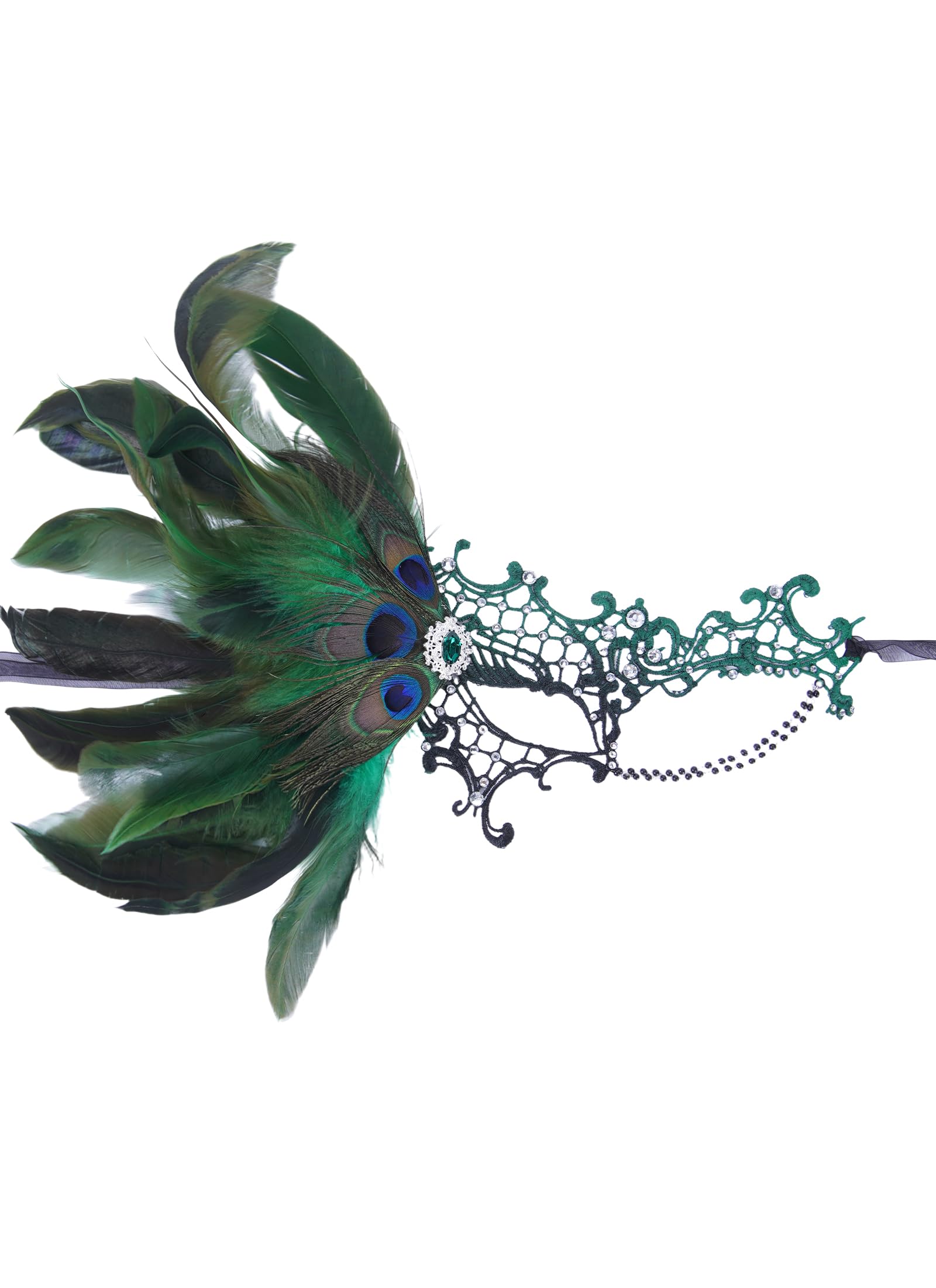 ETOFETE Lace Masquerade Mask for Women Peacock Feather Eyemask, Black Green
