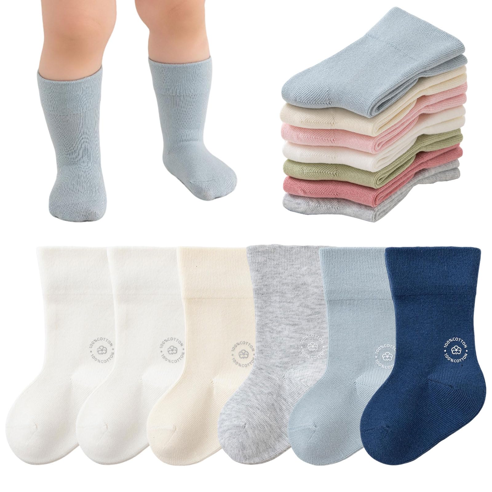 Bebés Calcetines de Algodón 6 Pares Colores sólidos Calcetines elásticos y suaves Niños Niñas