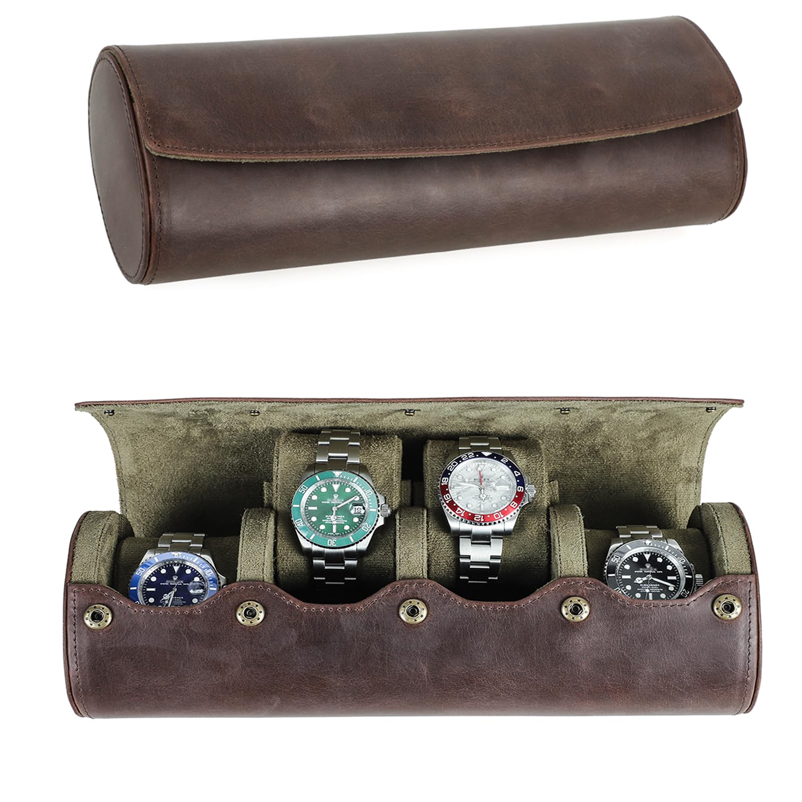 Hiram Estuche enrollable de piel auténtica, caja de almacenamiento para 4 relojes, funda de viaje con cojín extraíble, organizador protector portátil
