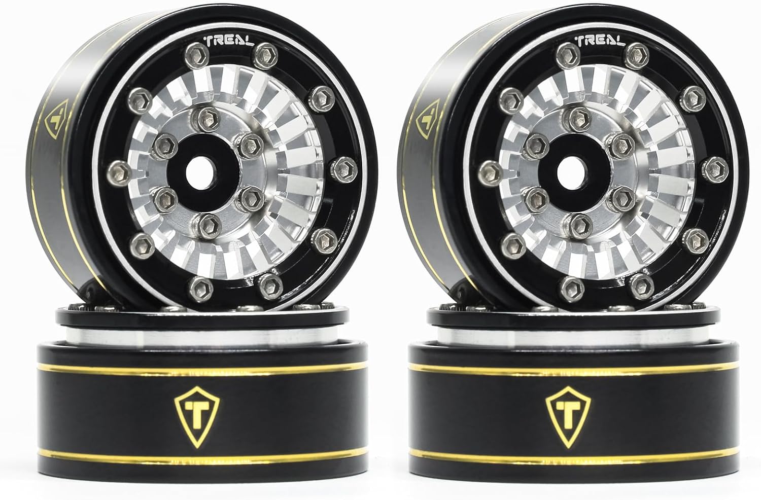 TREAL SCX24 1.0'' Beadlock Wheels (4-Pack) - Type C Silver Alloy Wheels for 1/24 Micro RC SCX24 C10,Bronco, Gladiator, Deadbolt,Wrangler