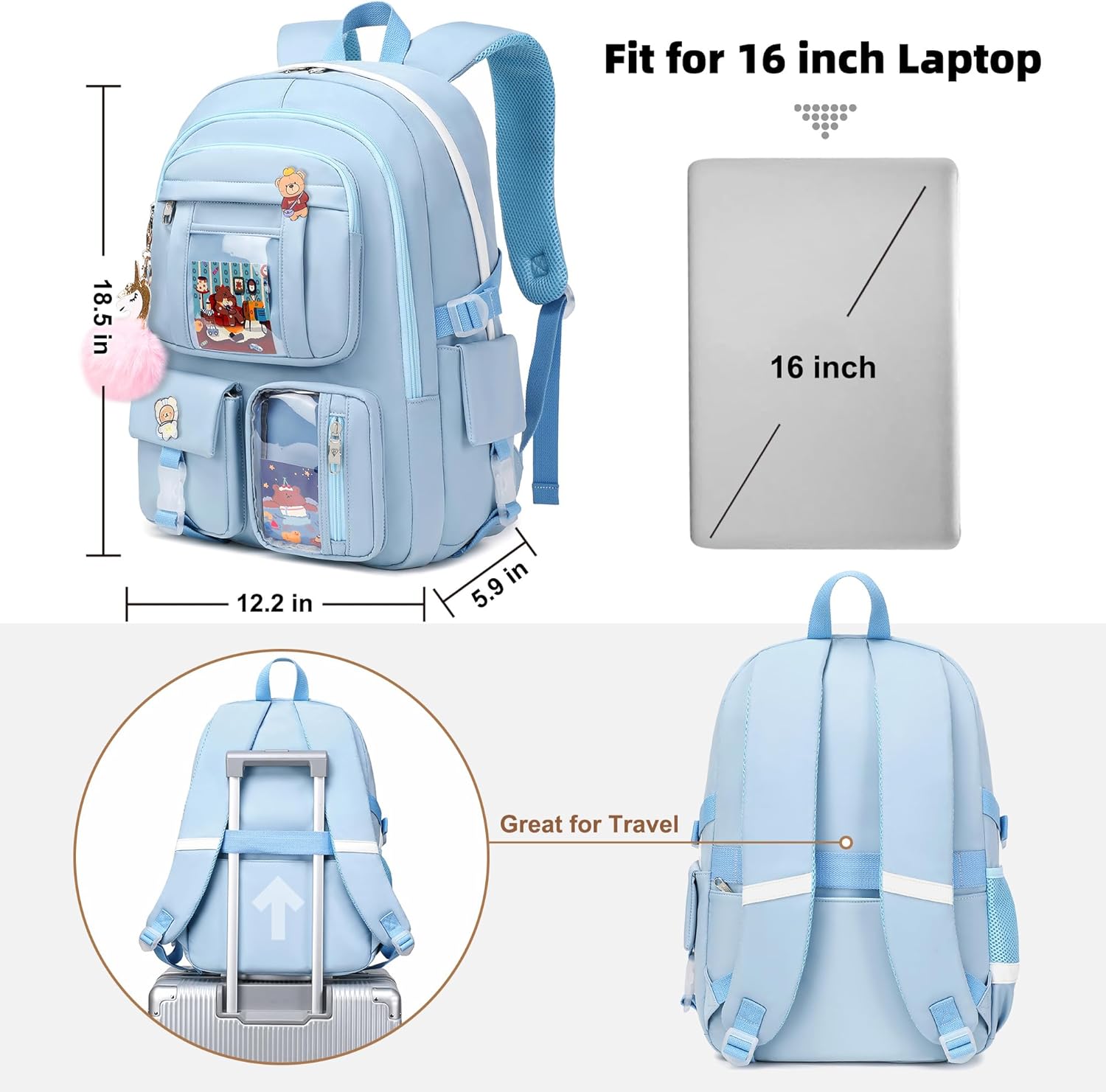 Backpack for Girls with Accessories Laptop Bookbags 16 Inch Kawaii Kids Elementary Middle High School Bag College Travel Daypack Gifts for Teens Women Students (Blue) - Image 5