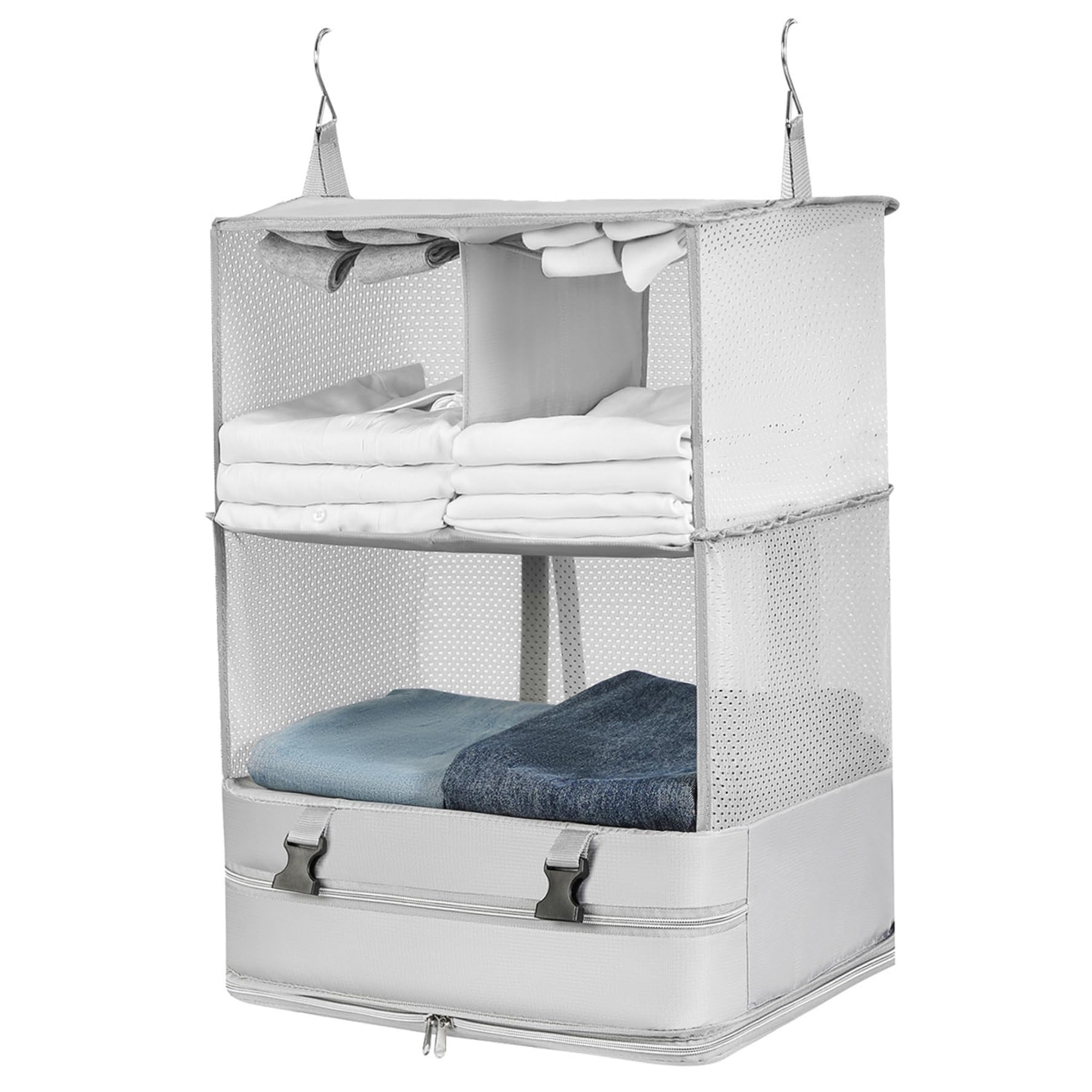 Guardaroba istantaneo per valigia, cubi da imballaggio sospesi pieghevoli a 3 livelli con 2 ganci, ripiani da viaggio sospesi con cerniera portatile di capacità con maniglia per viaggi 17, 3x11