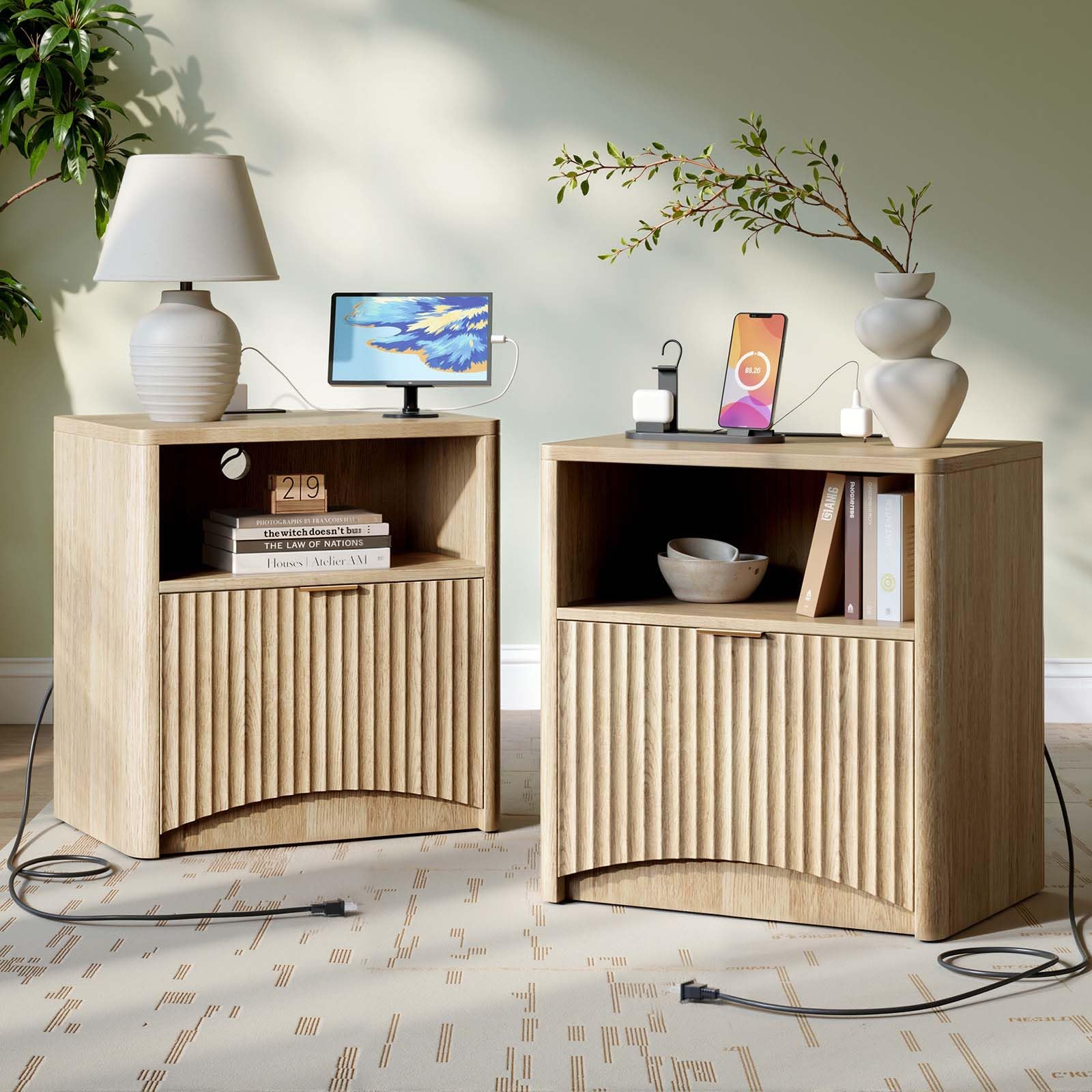 Evermagin Fluted Nightstand Set of 2 with Charging Station, Natural Oak Bedside Table with Drawer and Storage, Wood End Table Mid Century Modern,