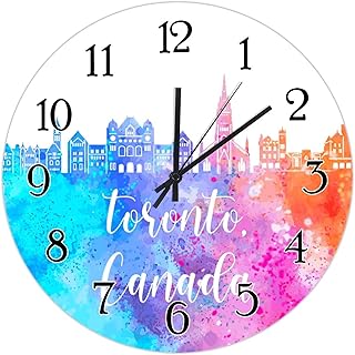 Canada Toronto Skyline in Watercolor Art Clock Colorful Cityscape Skyline Round Clock Canada Toronto City Landscape Hanging Wall Clocks Battery Operated Silent Wall Clock 15inch