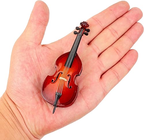 Miniatura 2 de Seawoo - Miniatura de madera con soporte y arco y estuche, réplica de mini instrumento musical coleccionable en miniatura para casa de muñecas