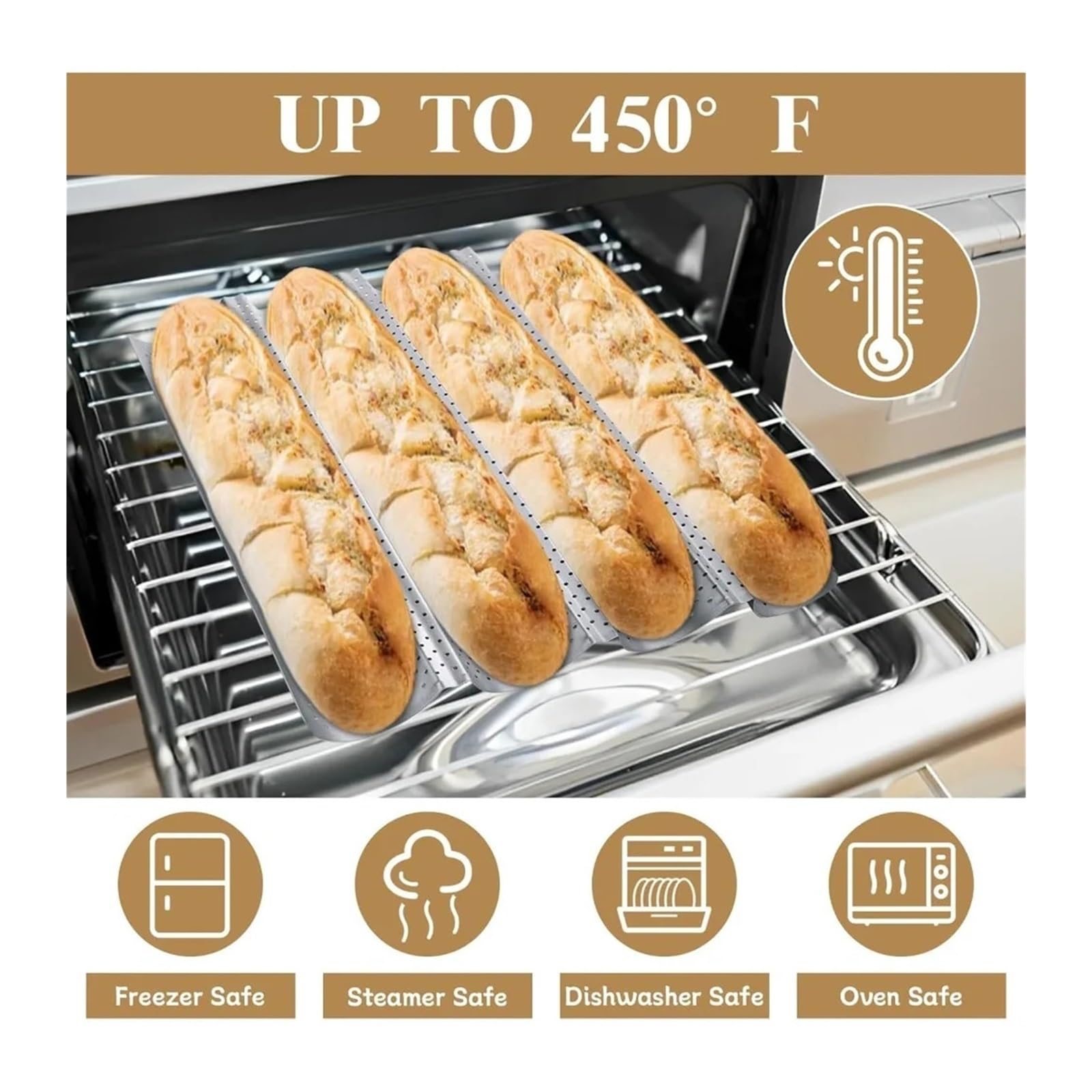 Molde para baguette, bandeja perforada 4 panes antiadherente | Herramienta de repostería de acero al carbono para pan francés