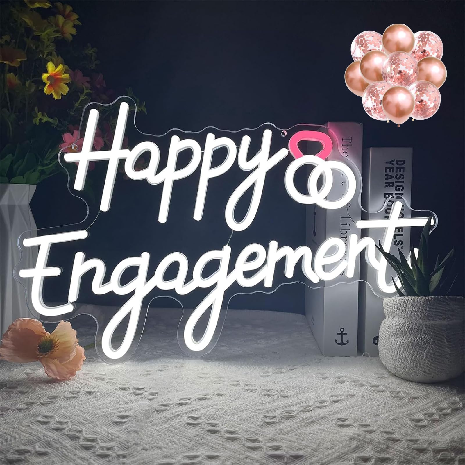 Happy Engagement Neon Sign, Engagement Party Neon Light Signs White LED Engaged Decorations Neon Lights for Wedding Engagement Bachelorette Party
