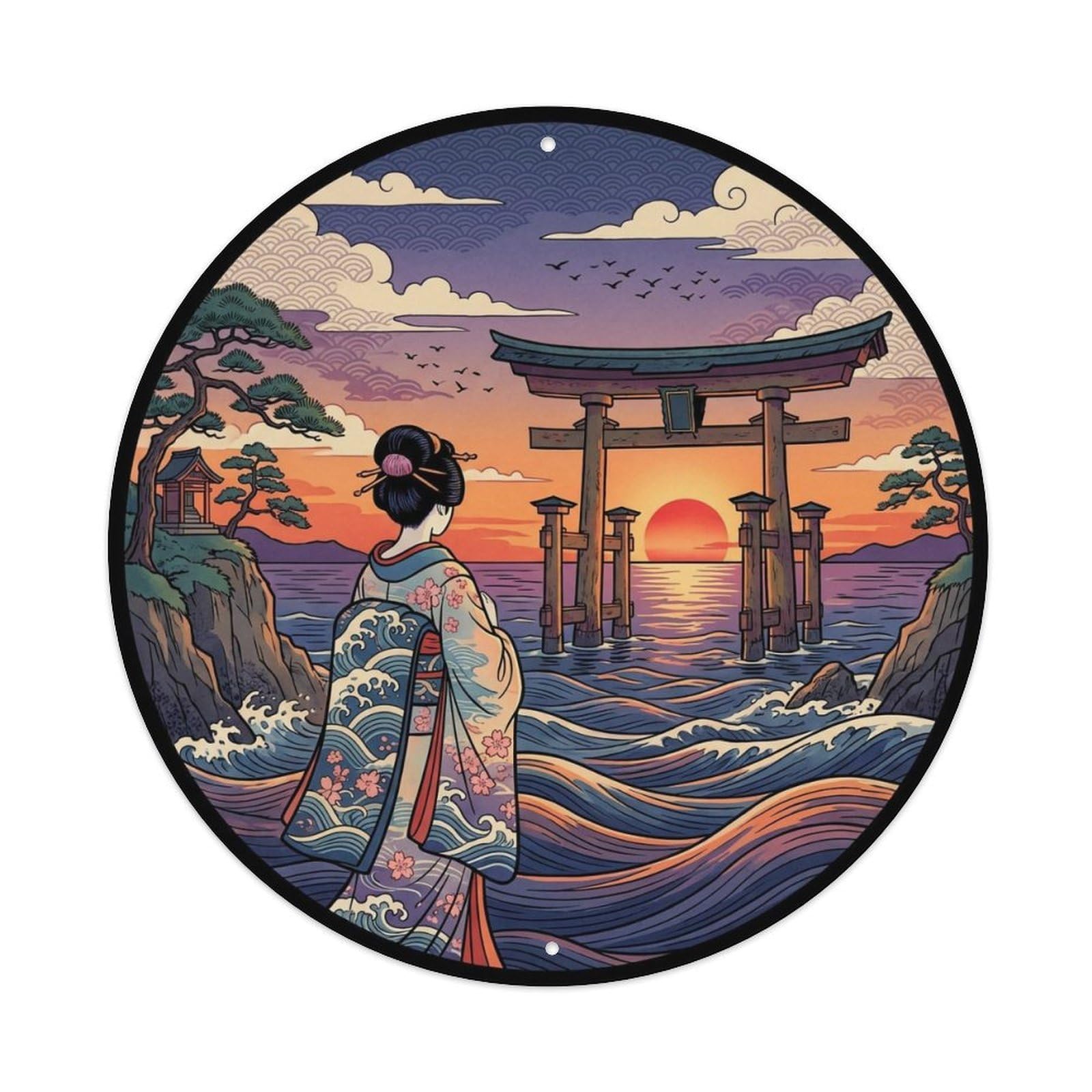 Japanese Geisha Seaside Torii Sunset Observing Metal Tin Sign