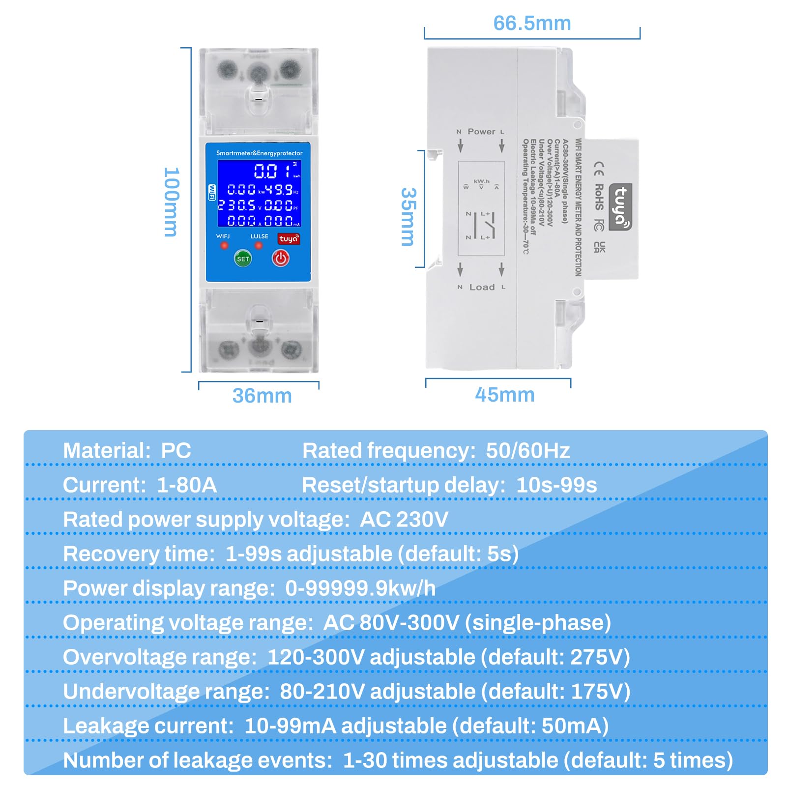 Contatore energia elettrica wifi 80A Comando vocale tuya smart misuratore consumo elettrico 2P 80-300VAC riarmo automatico contatore Protezione da sovratensione e sottotensione