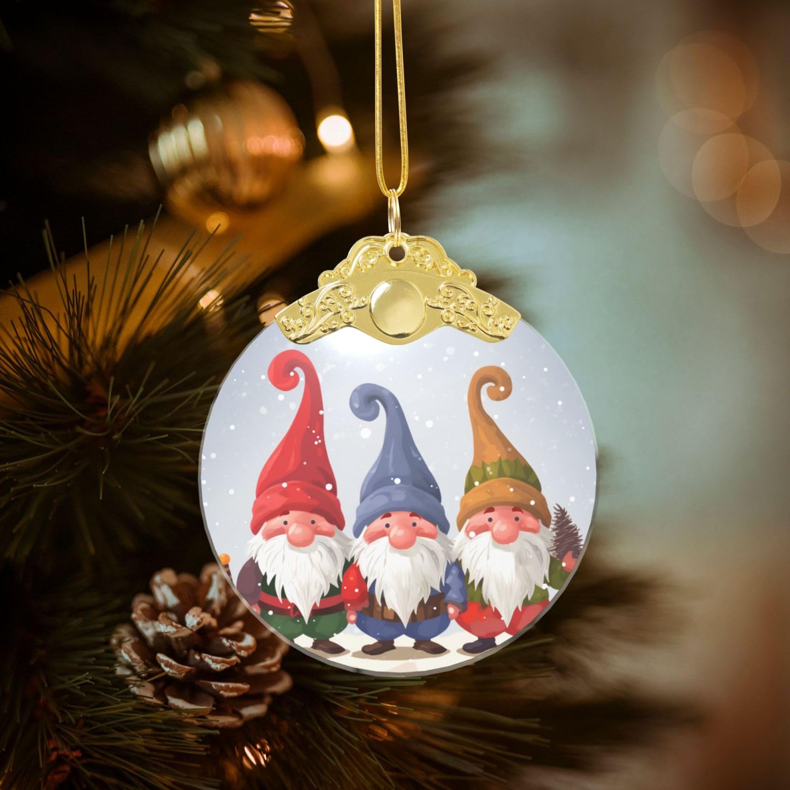 Crystal Christmas Ornaments for Christmas Tree Decoration Hanging Christmas Winter Gnomes Ornament with Gold Ribbon Crafts Round Pendant for Keepsake Gifts Glass Xmas Decor Party Supplies
