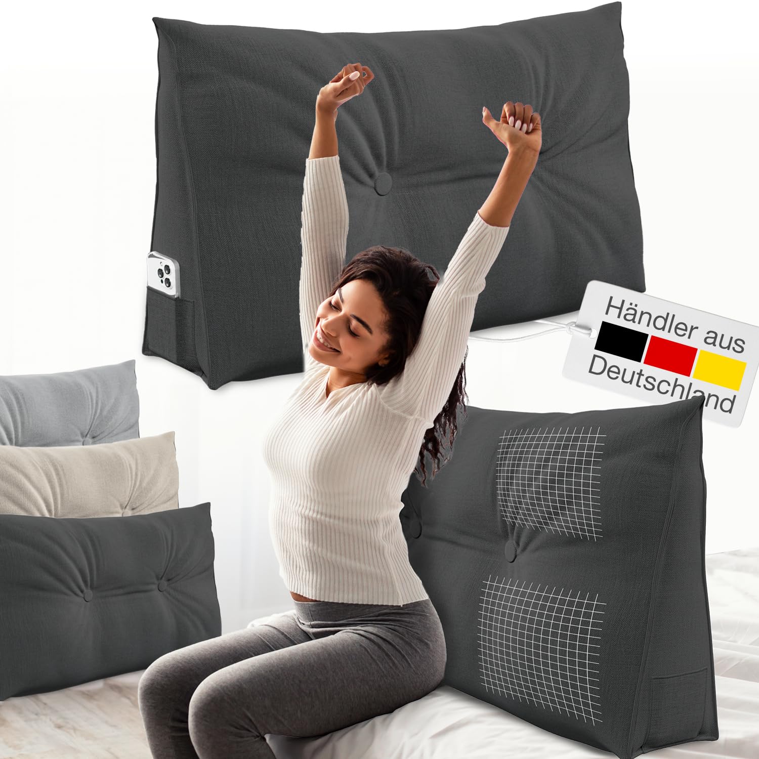 ELONEO Rückenkissen 90 cm breit, Keilkissen für Bett und Sofa geeignet, dreieckiges Lesekissen, Kissen mit abnehmbarem und waschbarem Bezug, mit praktischem Seitenfach