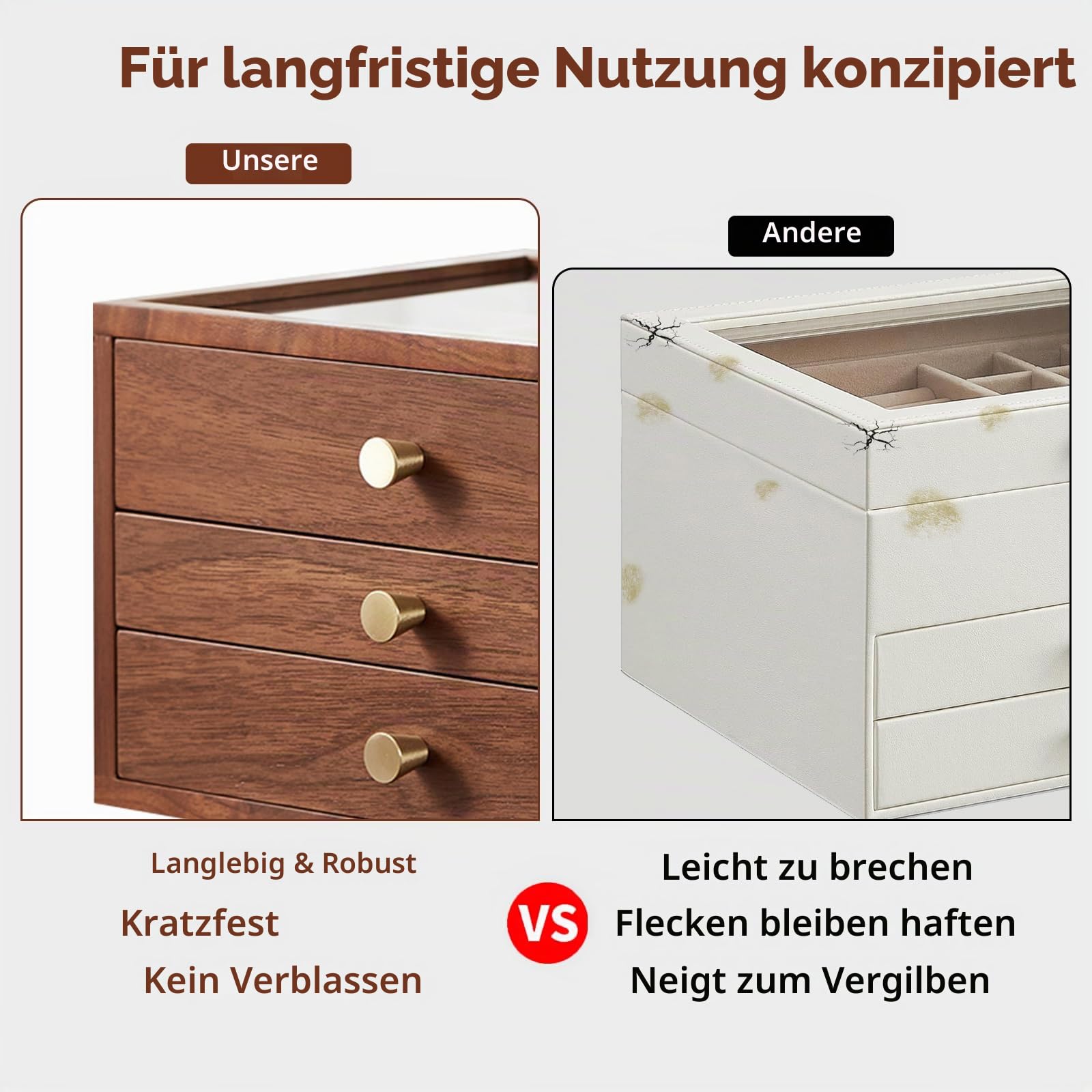 Schmuckaufbewahrung Schmuckkasten Klein Schmuckkästchen aus Holz für Damen, Massivholz Schmuckschatulle Schmuckbox Holz mit Glasabdeckung 3 Schubladen Schmuckkiste für Ringe Halskette