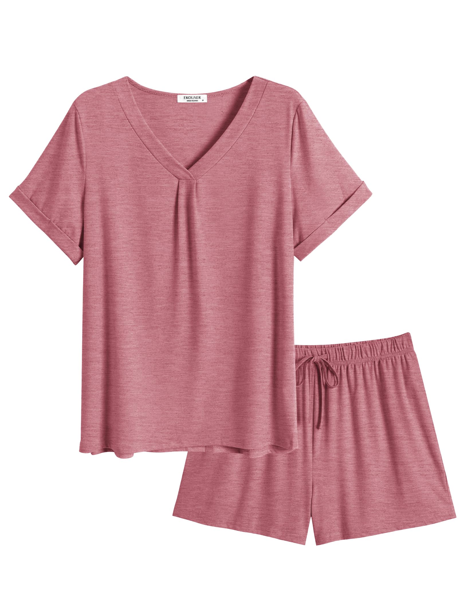 Ekouaer Pajamas Set Women's Short Sleeve 2 Piece PJ Sets V Neck Comfy Sleepwear Loungewear with Pockets S-XXL