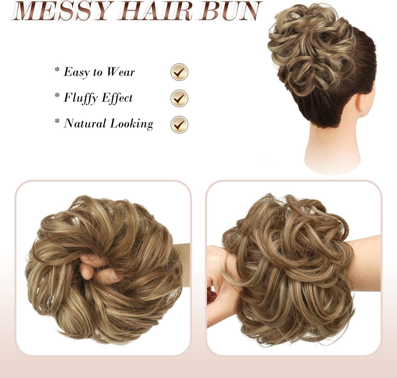 FESHFEN Synthetic Hair Bun Extensions Messy Hair Scrunchies Hair Pieces for Women Hair Donut Updo Ponytail A27- 12H24 Brown & Blonde