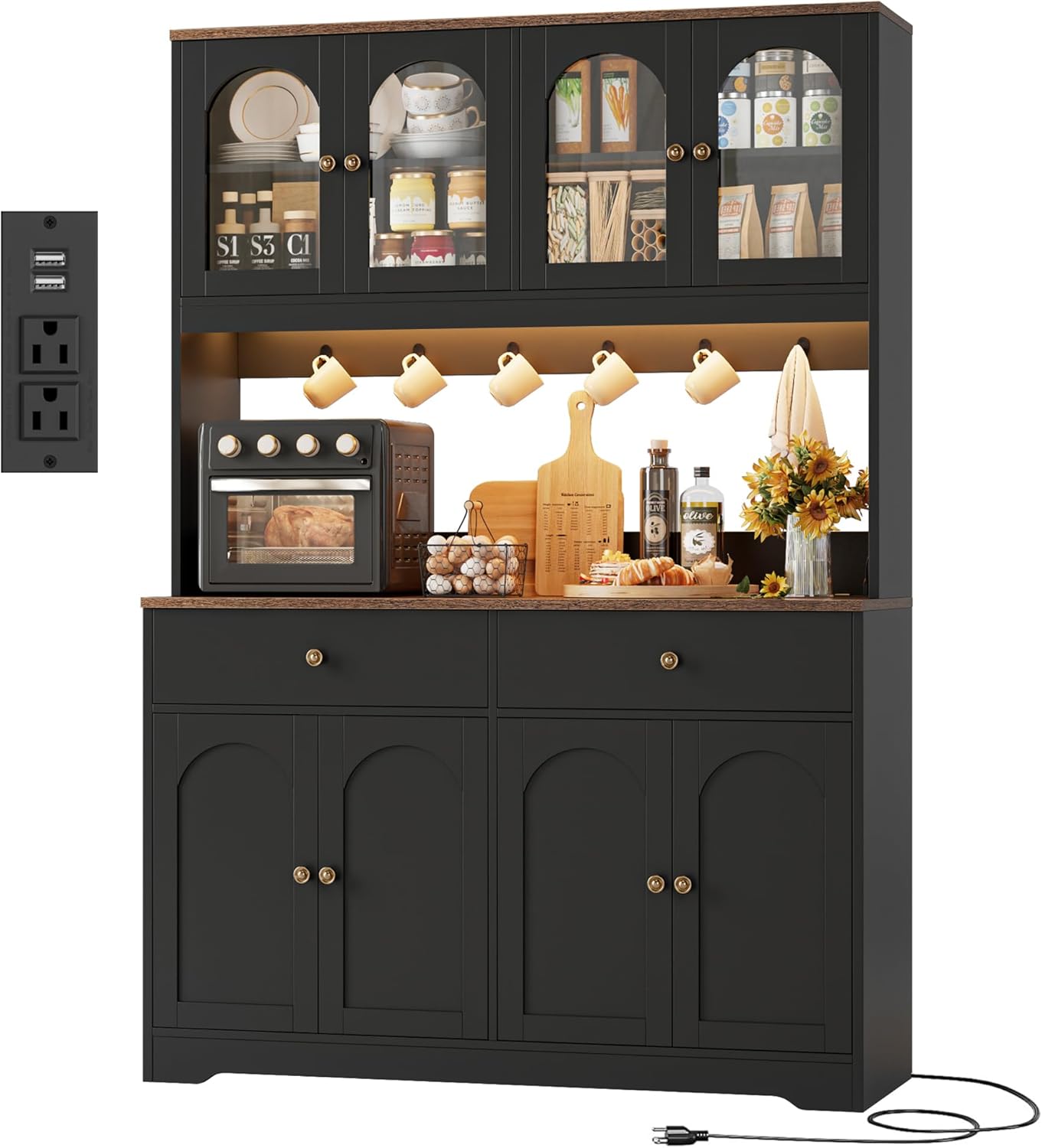 HIFIT 71" LED Farmhouse Kitchen Pantry Cabinet with Power Outlet, Arched Doors, Shelves & Drawers - Black Hutch for Dining Living Room