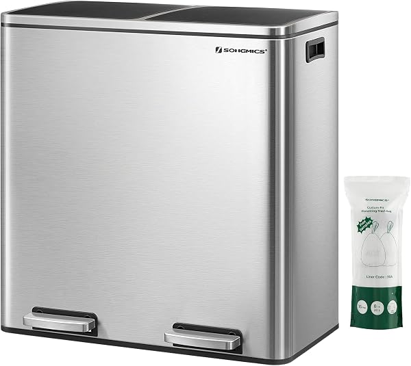 SONGMICS Mülleimer, 2 x 30 Liter, 2 Fächer, Mülltrennsystem, Treteimer, Abfalleimer Küche, 15 Müllsäcke, Metall, Inneneimer aus Kunststoff, Klappdeckel, Softclose, luftdicht, silbern-schwarz LTB60NL - 1
