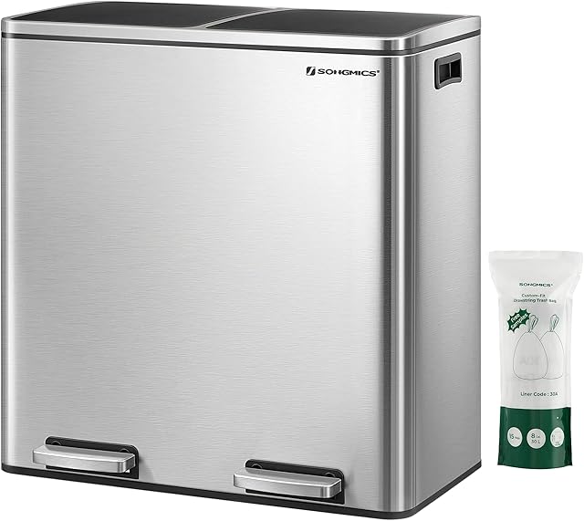 SONGMICS Double Rubbish Bin, 2 x 30 L Dual Compartment Kitchen Bin with 15 Rubbish Bags, Metal Pedal Bin with Plastic Inner Buckets and Lids, Soft Close, Odour Seal, Silver and Black LTB60NL