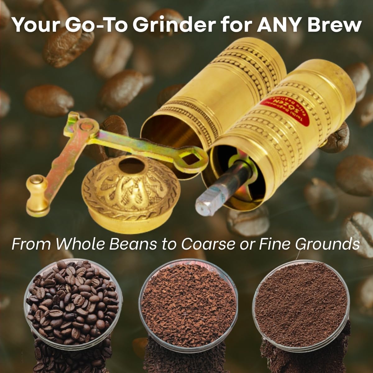Sozen Hammered 9 Manual Coffee Grinder Brass Hand Crank Burr Mill for Turkish Coffee French Press Espresso Camping & Home Use Portable Coffee Bean Grinder Adjustable Conical Grinder product thumbnail 6
