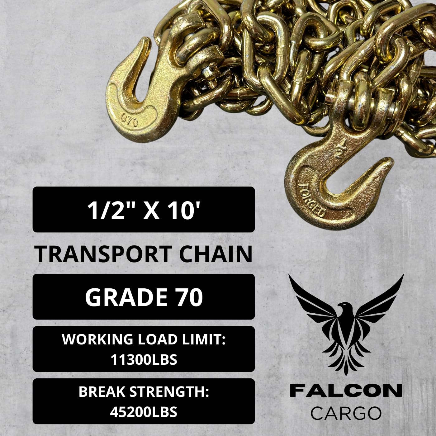 1/2" X 10' Grade 70 Transport Binder Chain - 11,300 lbs WLL - Clevis Grab Hook, Tie-Down, Towing, 4-Pack