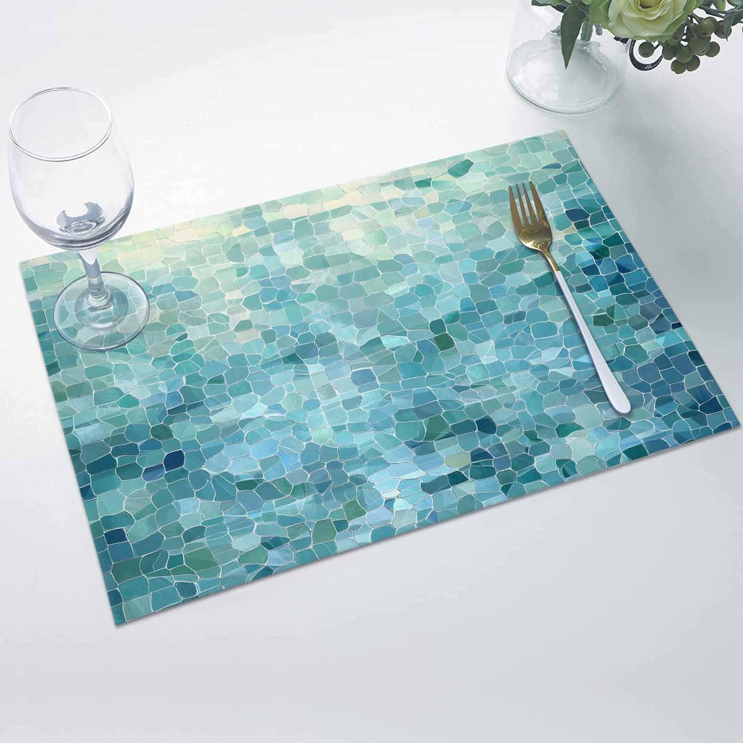 Table Placemats Set of 12,Abstract Glass Shard Splicing Heat-Proof Washable Place Mat,Cyan Gradient Texture Linen Placemat for Kitchen Dining Holiday Party Banquet Tables