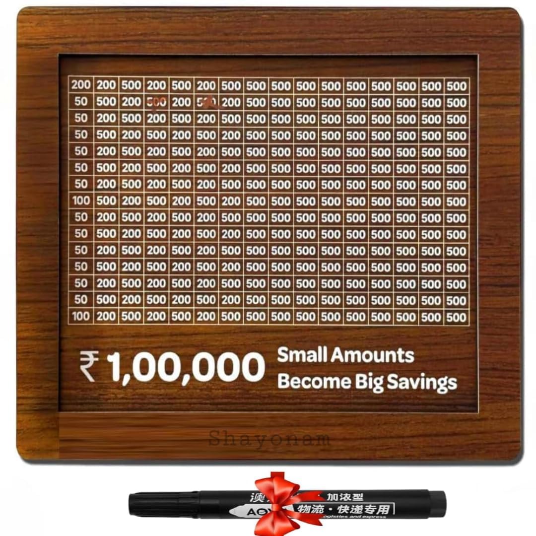Wooden Money Saving Box, Mahogany Brown Finish, Grid Pattern Tracker for 1,00,000 Rupees, Traditional Style, 19.9 x 15.24 x 7.62 cm-image-41