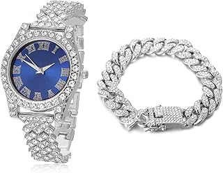 HALUKAKAH Diamonds Gold Watch Iced Out, Kid\'s 18K Real Gold/Platinum White Gold Plated 36MM Width Green/Blue/Red Dial Quartz Wristband 20cm with Cuban Link Chain Necklace Bracelet, with Giftbox