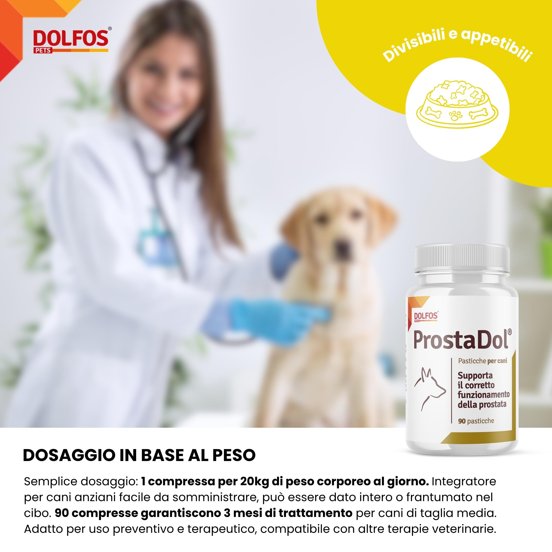 Dolfos Pets Dolvit ProstaDol Integratori per Cane, 90 Compresse, Prostata e Vie Urinarie, con Beta-Sitosteroli e Estratti Naturali, Integratore per Cani Anziani e Adulti