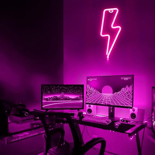 Miniatura 3 de Letrero de neón de rayo  Funciona con pilas o enchufe USB, luz LED de luz de rayo rosa, letreros de neón para decoración de pared, dormitorio,