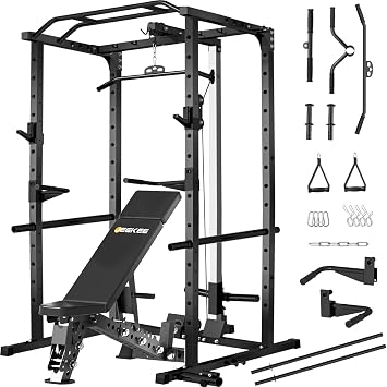 JEEKEE Power Rack with LAT Pulldown, 2000LBS Power Cage with Cable System, Multi-Function Squat Rack with J-Hooks, Safety Bars, Landmine, Pull Up Bar & Attachments for Home Gym Strength Training,Black