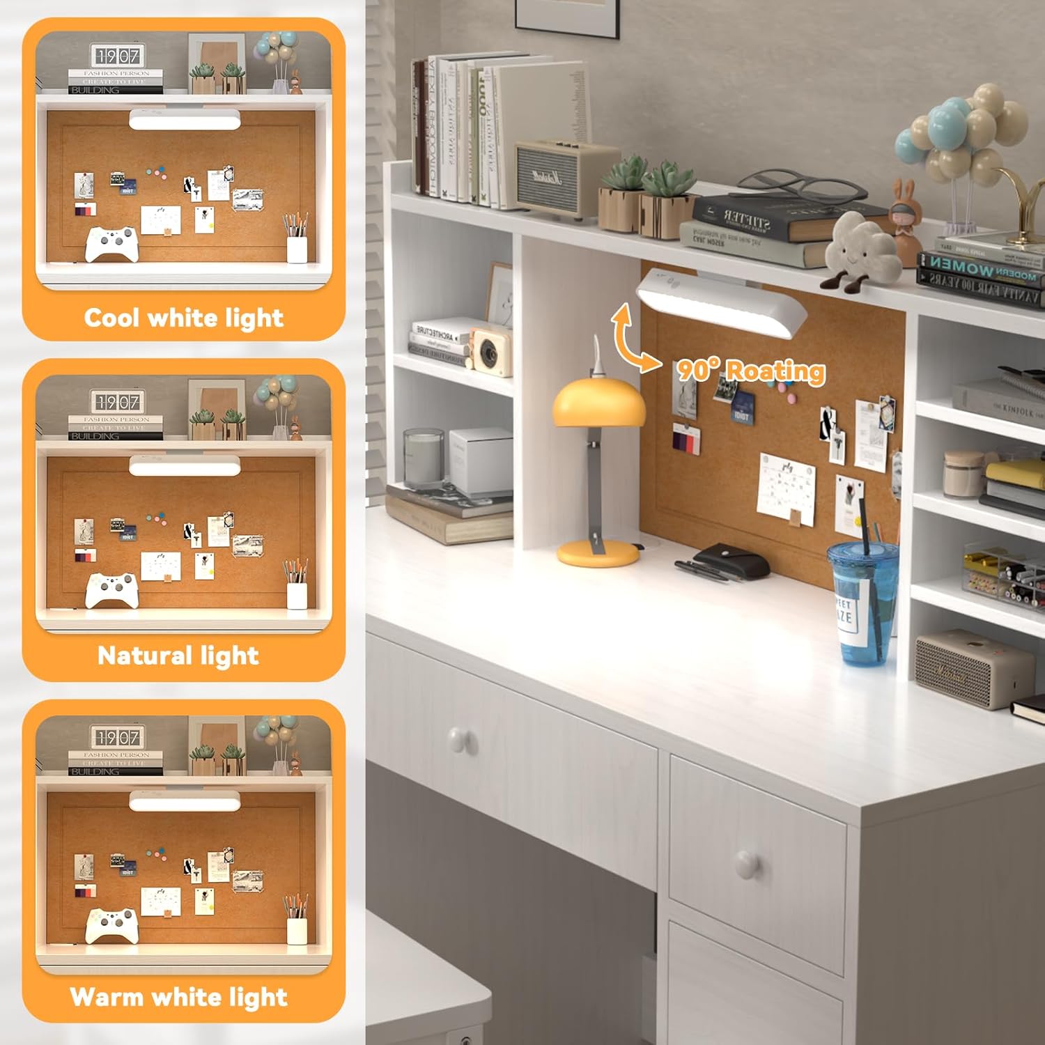 White Wooden Kids Study Desk and Chair Set, Childrens Desk with Light, 3 Drawers, 4 Storage Cabinets and Shelves, Boys & Girls Study Desk for Bedroom and Kidsroom