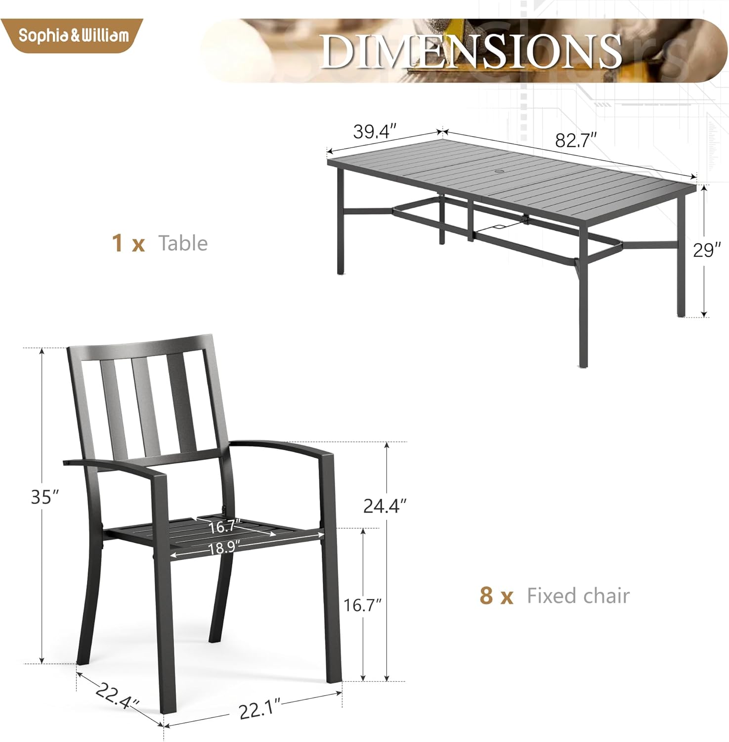 Sophia & William Patio Table and Chairs Set, Outdoor Dining Set for 8, 9 Piece Metal Patio Furniture, 82.7" Black Rectangular Table(Stripe)
