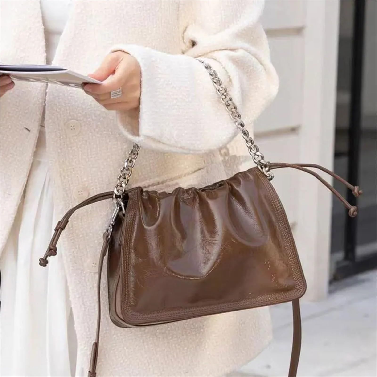 Bolso de mujer piel auténtica, bandolera arrugada, bolso mano Para Viajes Compras Trabajo Citas