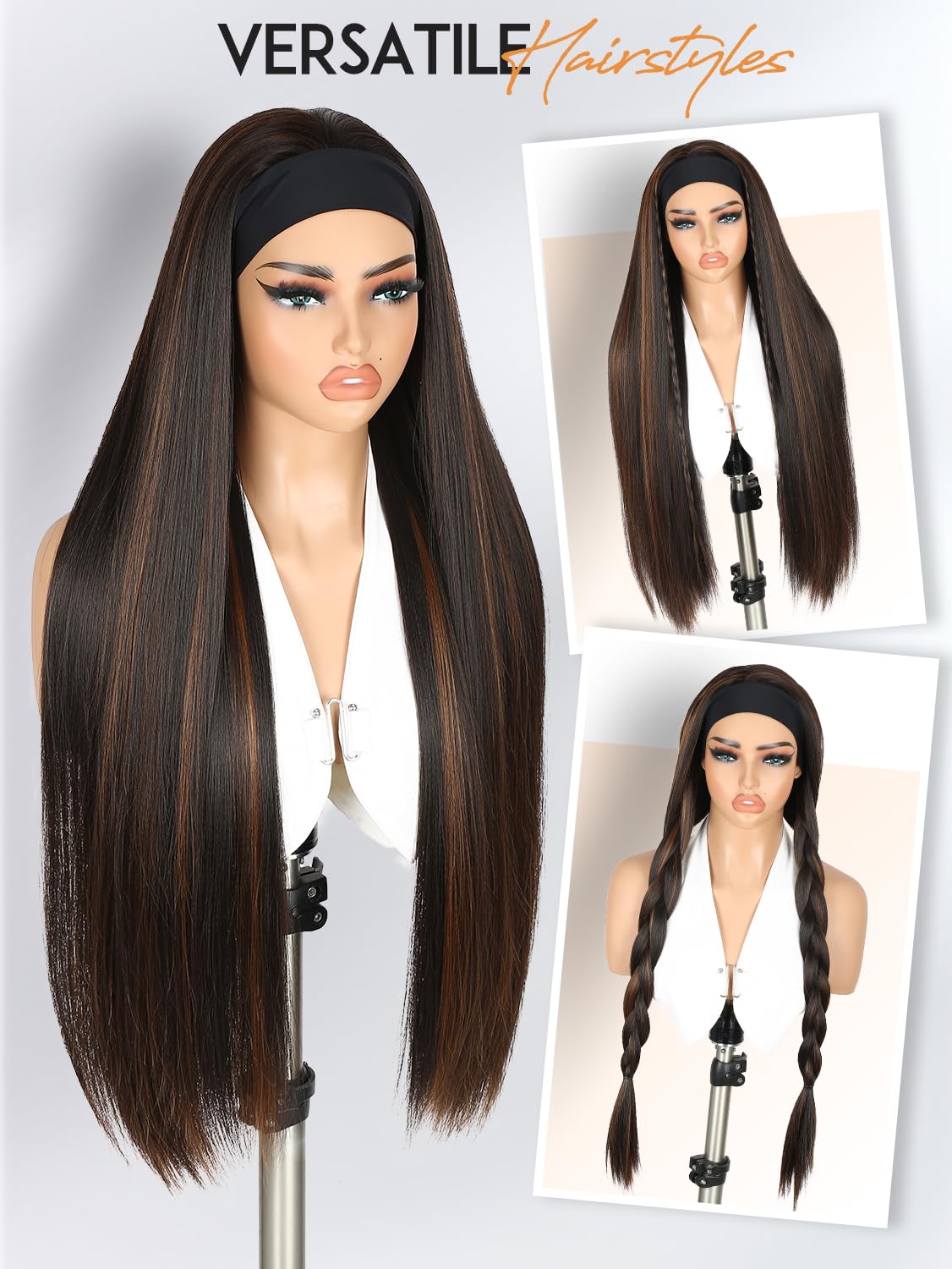 Quantum Love Highlight Headband Wigs for Black Women 30 inch Mixed Brown Straight Half Wig Put On and Go Glueless Synthetic Hair for Daily Party Use(Highlight Brown)