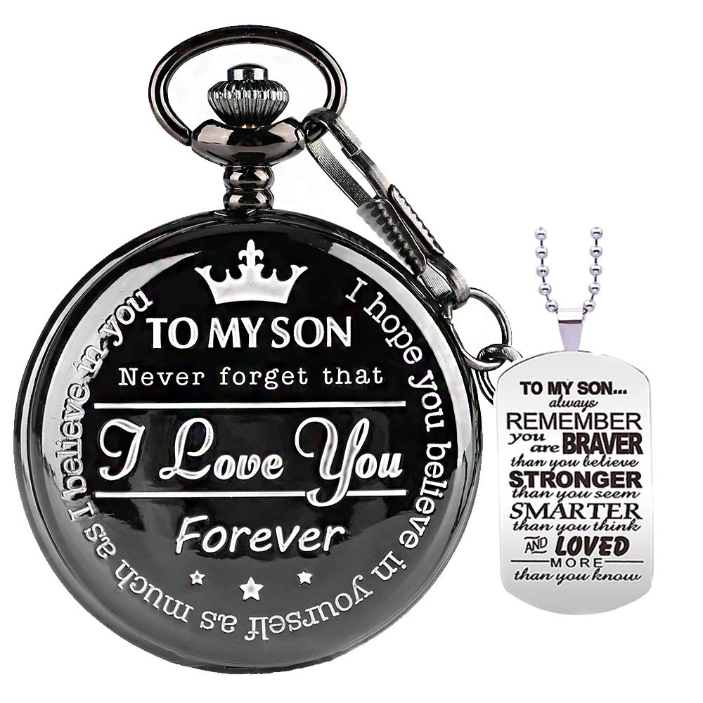 Udaney My-Son Pocket Watch - Engraved Gift for Him, Graduation Gift for Men with Box and Necklace Chain
