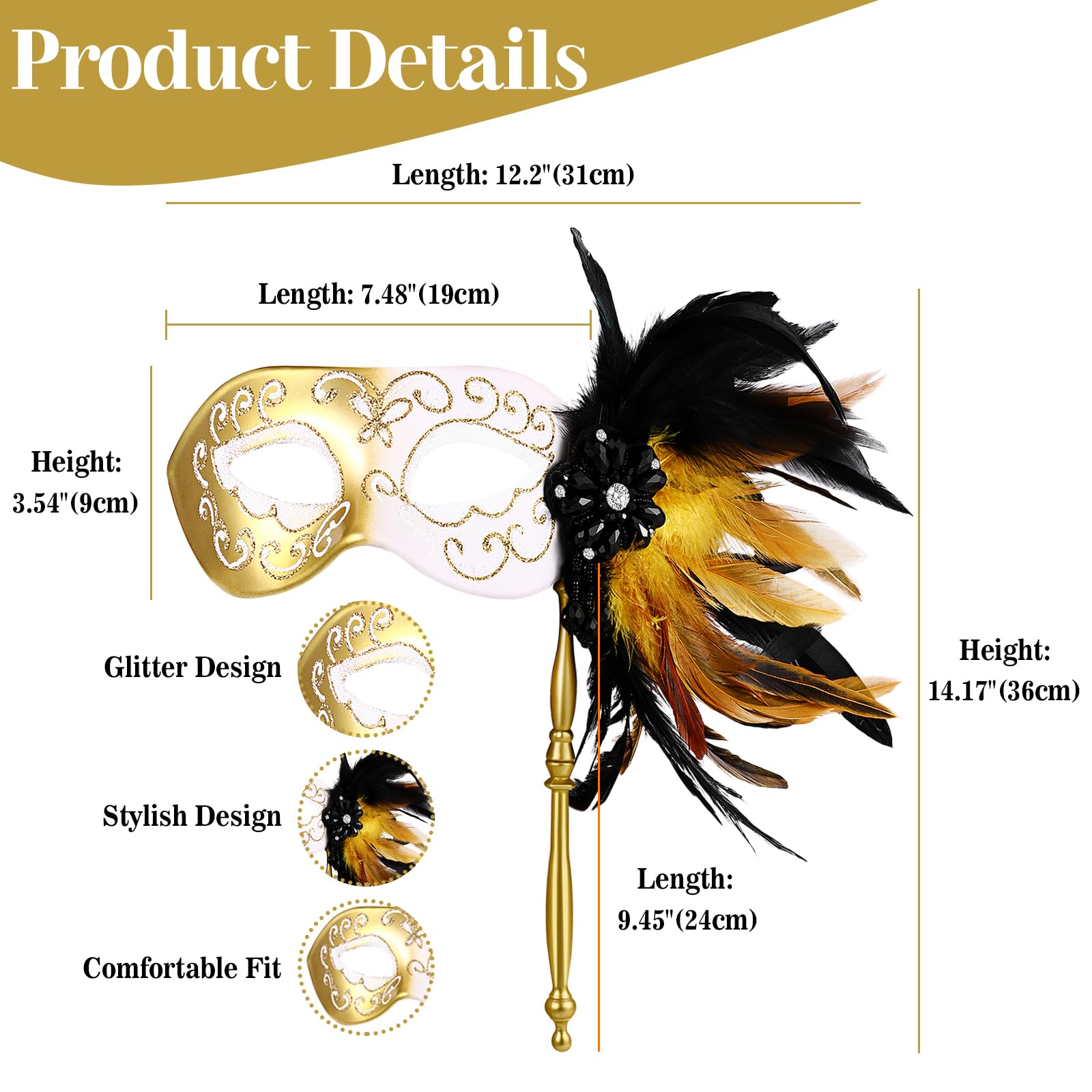 Flonge Masquerade Mask with Stick: Feather Masquerade Masks Mardi Gras Party Prom Mask Venetian Halloween Costume Accessories for Women Gold - Image 3