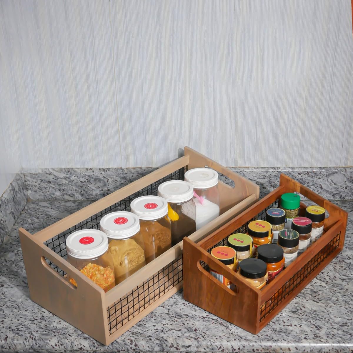 Brick Brown ® Premium Handcrafted DuoBlend Organizer | Nested Set of 2 in Solid Mango Wood | Wood Wire Bins with Handle for Containers, Fruit, Kitchen Storage (21x9 x7 Inch, 8.25x7x6 Inch)