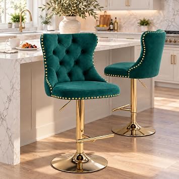 Modern Swivel Pub Height Barstool, High Dining Chair with Velvet Seat, Backrest, Armless Hydraulic Counter Stool, Gold Base Island Stool, Set of 2 Green