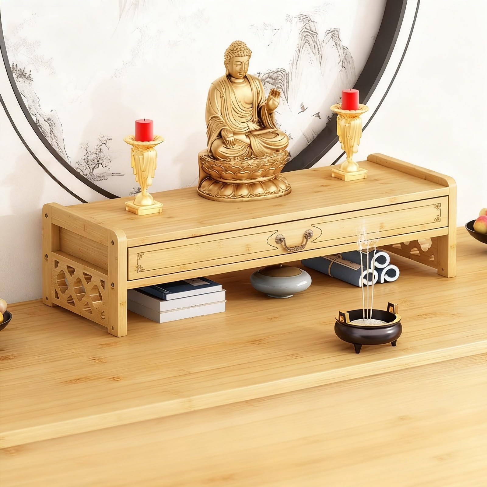 JNTFNE Bamboo Altar Table with Drawer, Buddhist Altar, Puja Desks, Meditation Table, Shrine for Witch Wiccan Prayer Stand Riser Home Decor(Yellow,69x25x16.5cm)