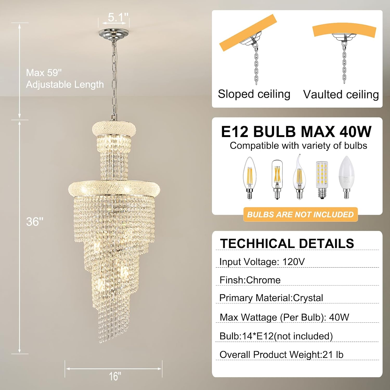 14-Light Spiral Crystal Chandelier Chrome Finish for Foyer Entryway Living Room Dining Room 36'' H X 16'' W X 16'' D