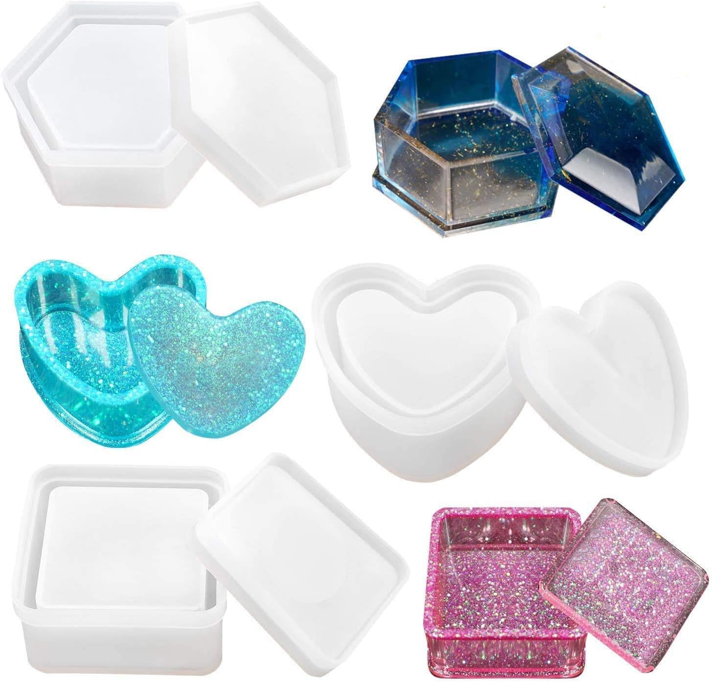 Resin Jewelry Box Molds With Heart Shape Silicone, Hexagon Storage and Square Epoxy for Making