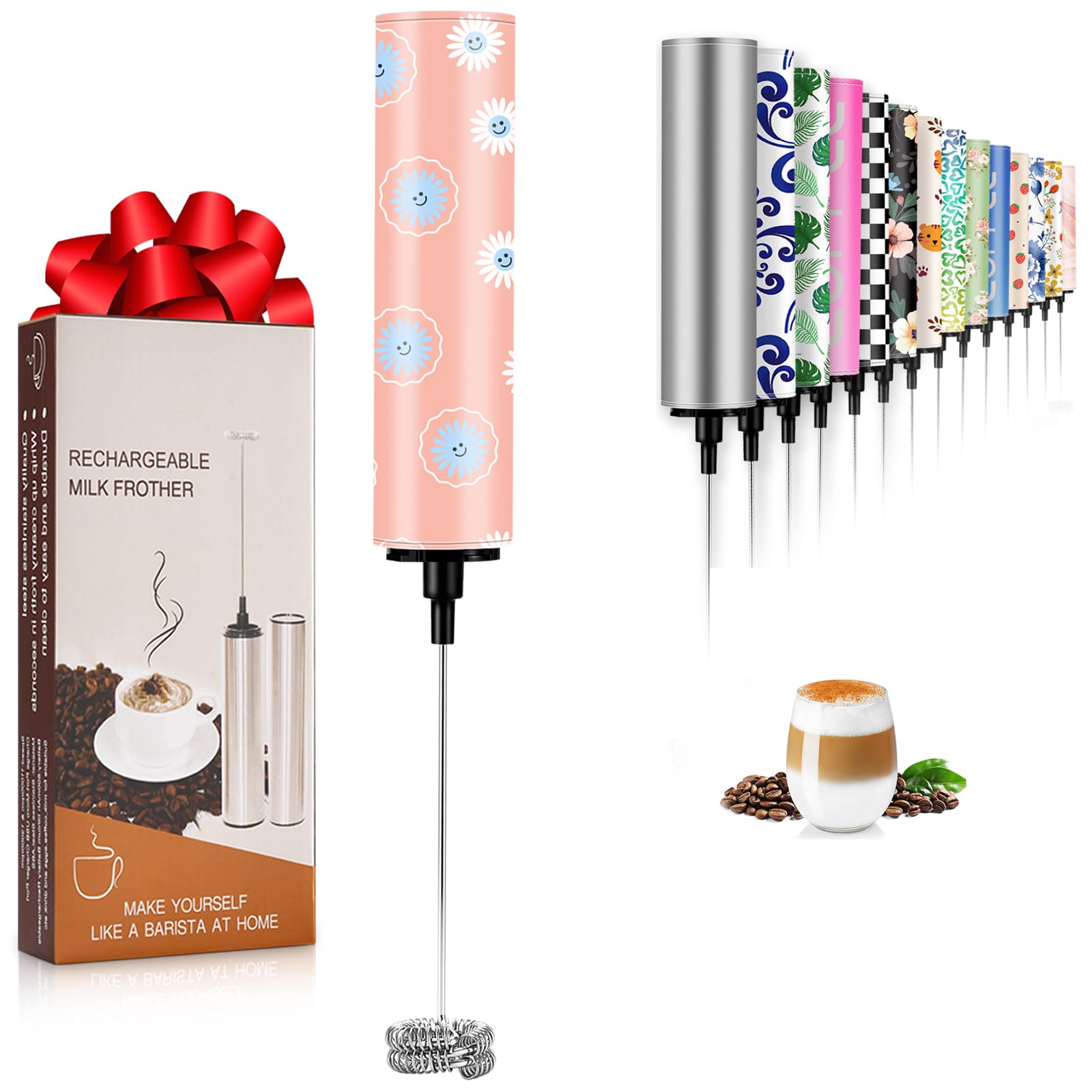 Milk Frother Handheld Rechargeable - 2-Speed Electric Whisk with 5 Detachable Heads (Frother/Mixer/Whisk) for Coffee, Latte, Cappuccino &amp; Matcha, Drink Mixer (Flower 8)