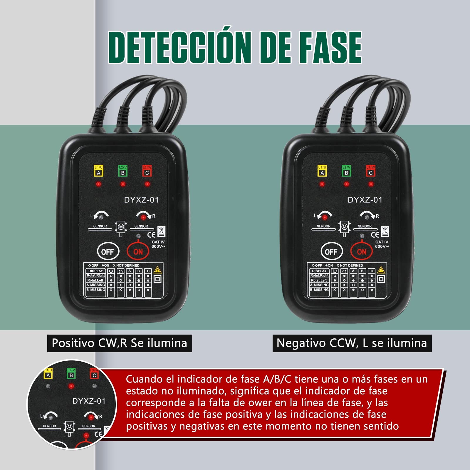 Probador de Rotación de Fases,Medidor de Secuencia de Fases sin Contacto, Comprobar de Rotación de Motores,LED Indicardor,70~600V AC Probadores de Tensión