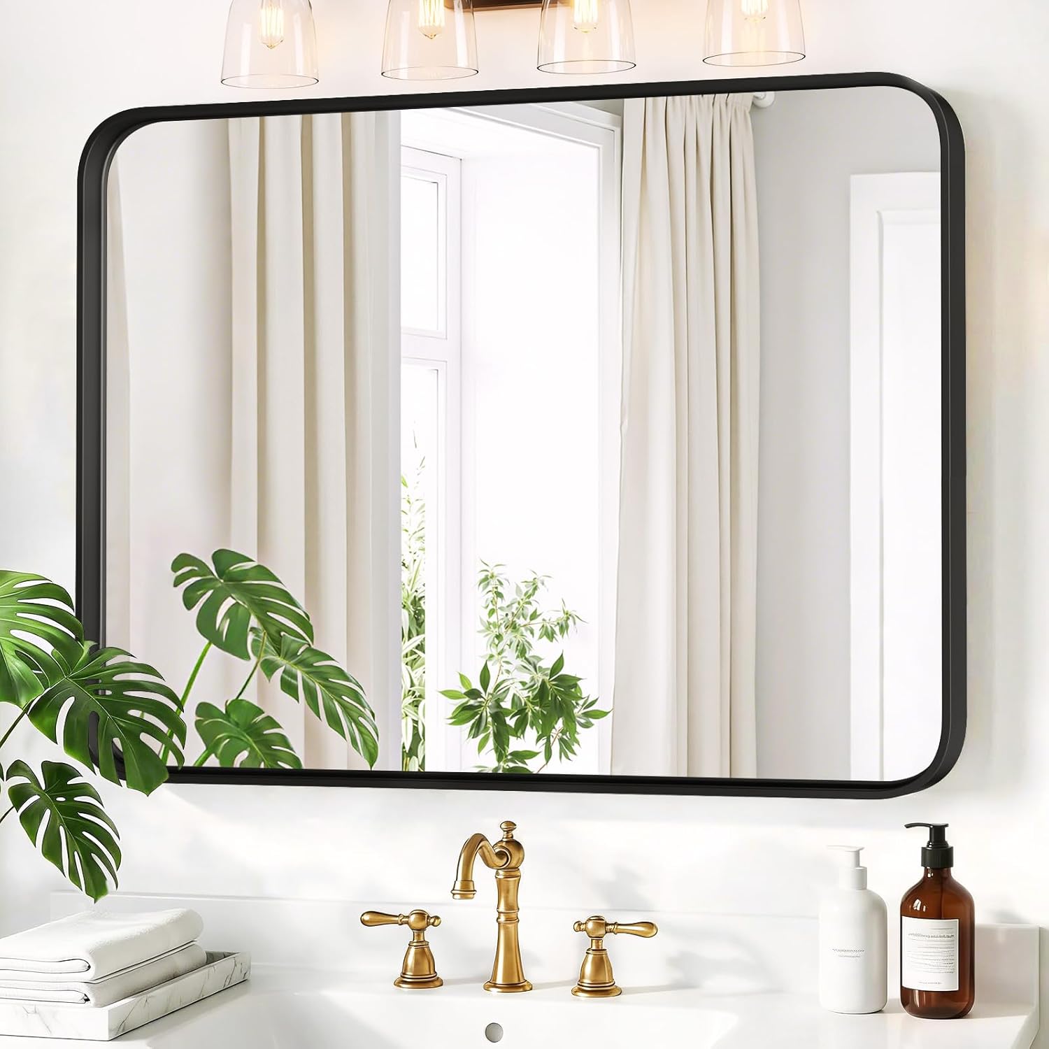 Bathroom Mirror Metal Frame Wall Mounted Vanity Mirror, Tempered Glass Anti-Rust, Modern Mirror for Bathroom Bedroom Entryway
