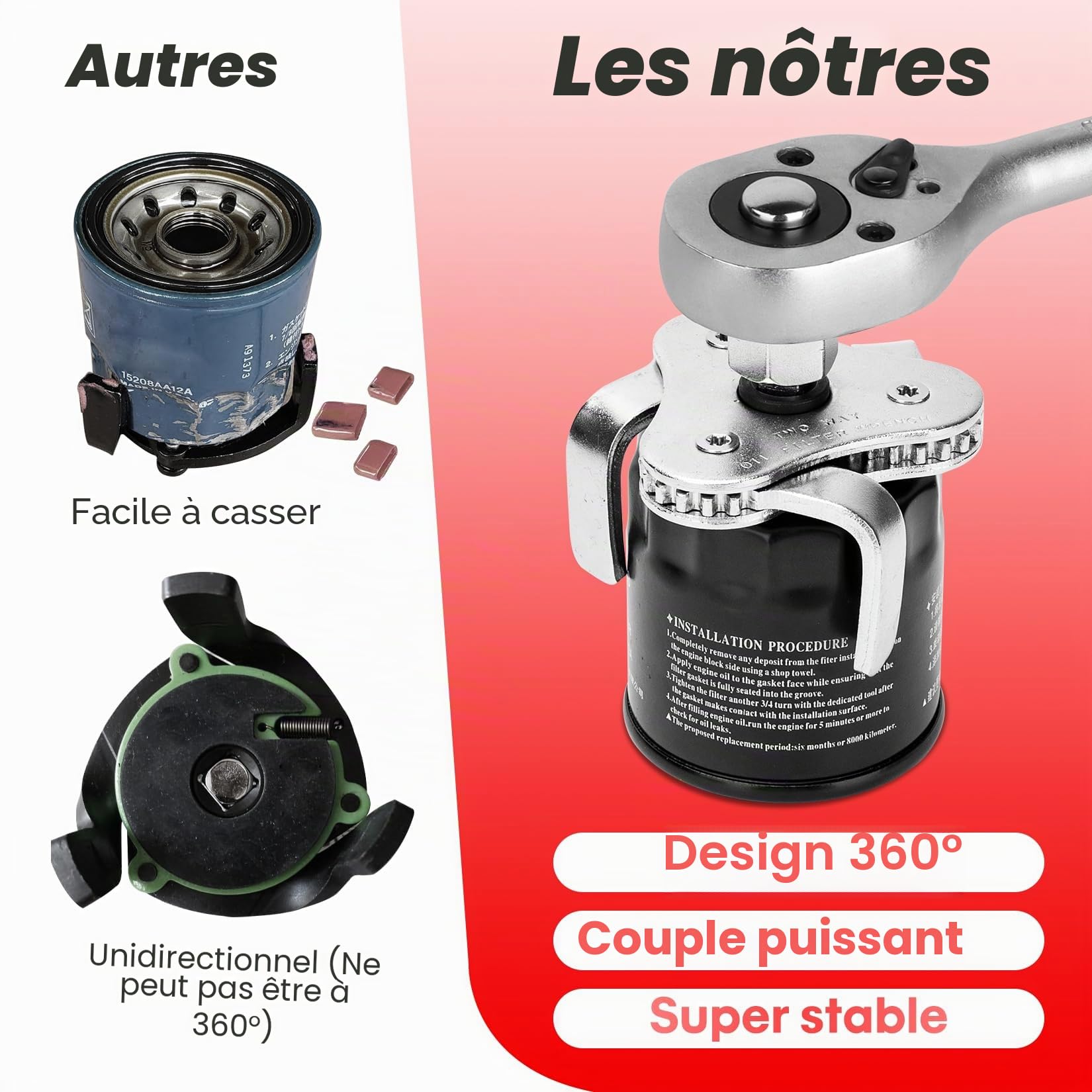 Shall Jeu de clés pour filtre à huile, pince à filtre à huile de 30,5 cm, outil à 3 mâchoires pour retirer la clé de filtre à huile réglable, filetage intérieur 1/2" vers filetage extérieur 3/8"