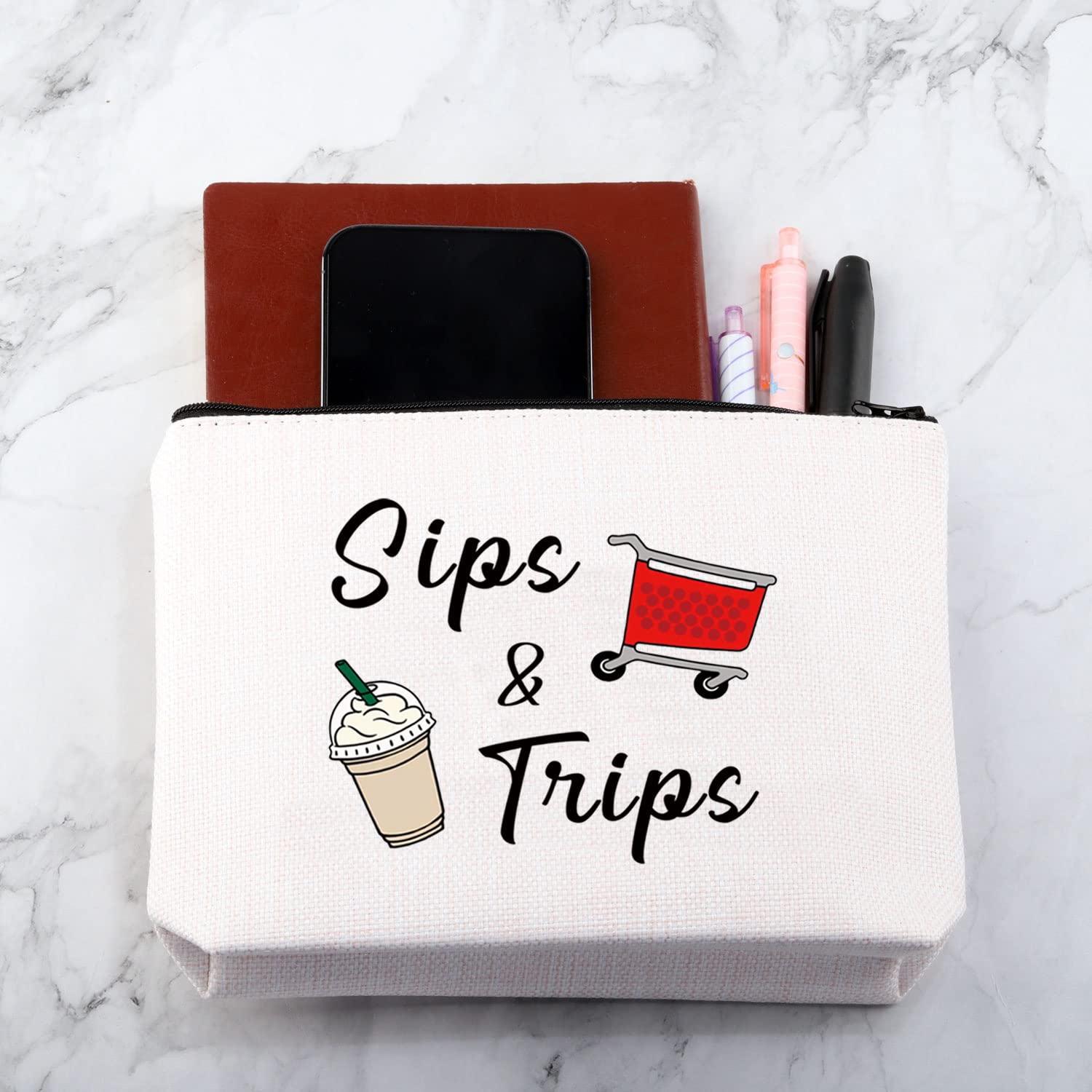 MNIGIU Shopping And Coffee Lover Gift Sips & Trips Cosmetic Bag Girl Trip Gift Thrift Shopper Gift Group Vacation Gift