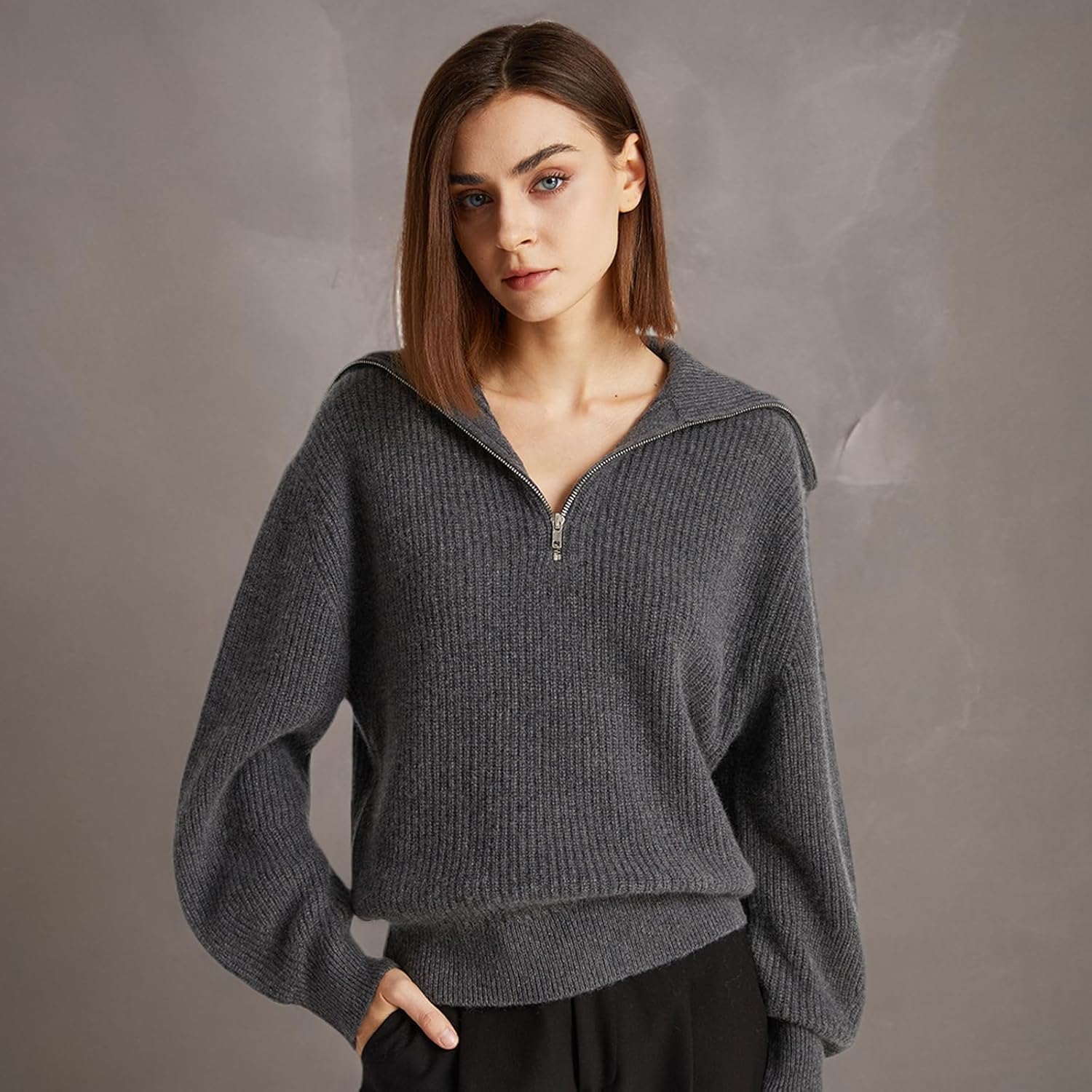 GreenMount Women's Zipper Cashmere Lapel Pullover Sweater Soft and Warm Long Sleeves for Women - Image 6